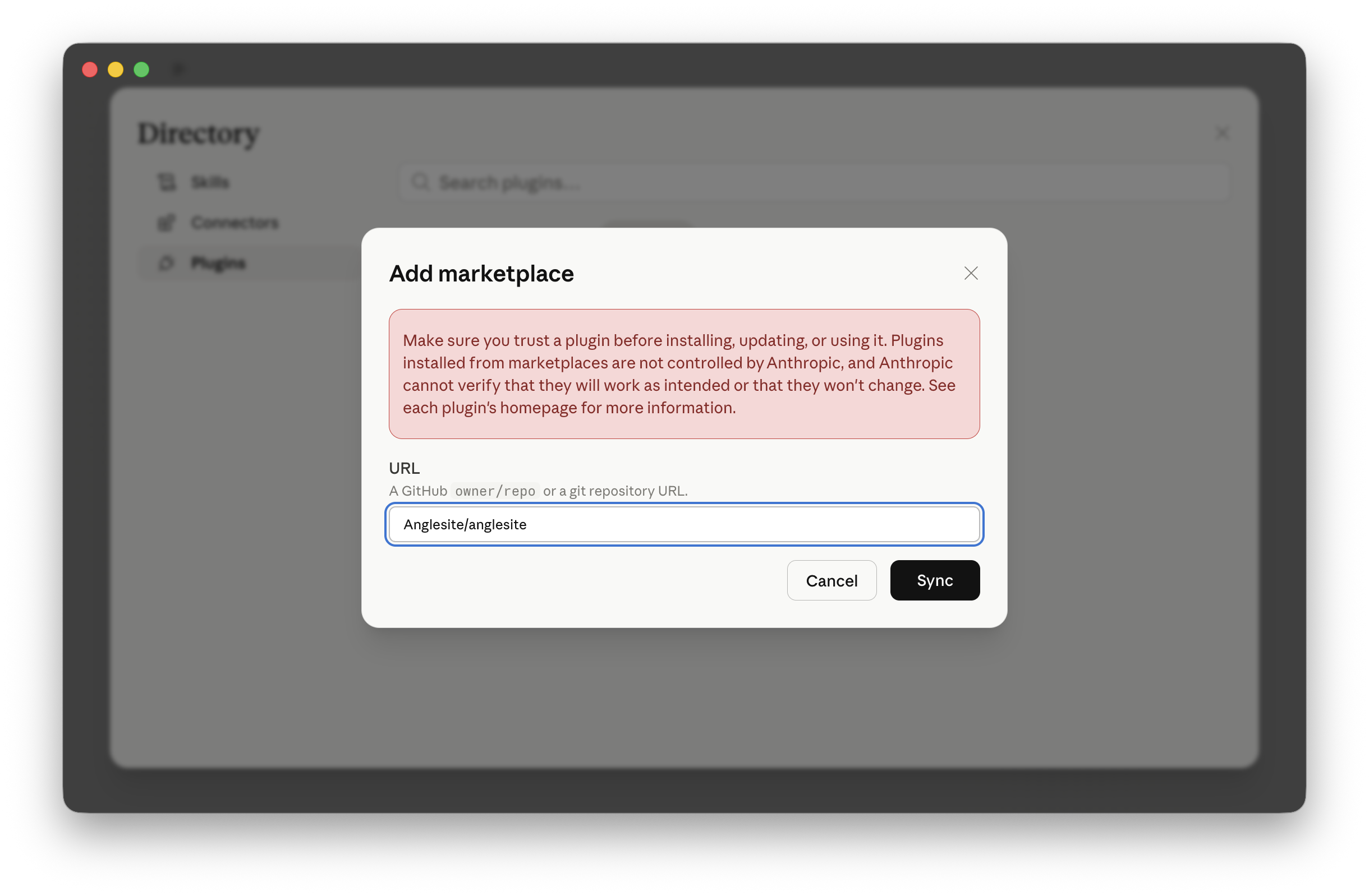 Add marketplace dialog with Anglesite/anglesite entered in the URL field