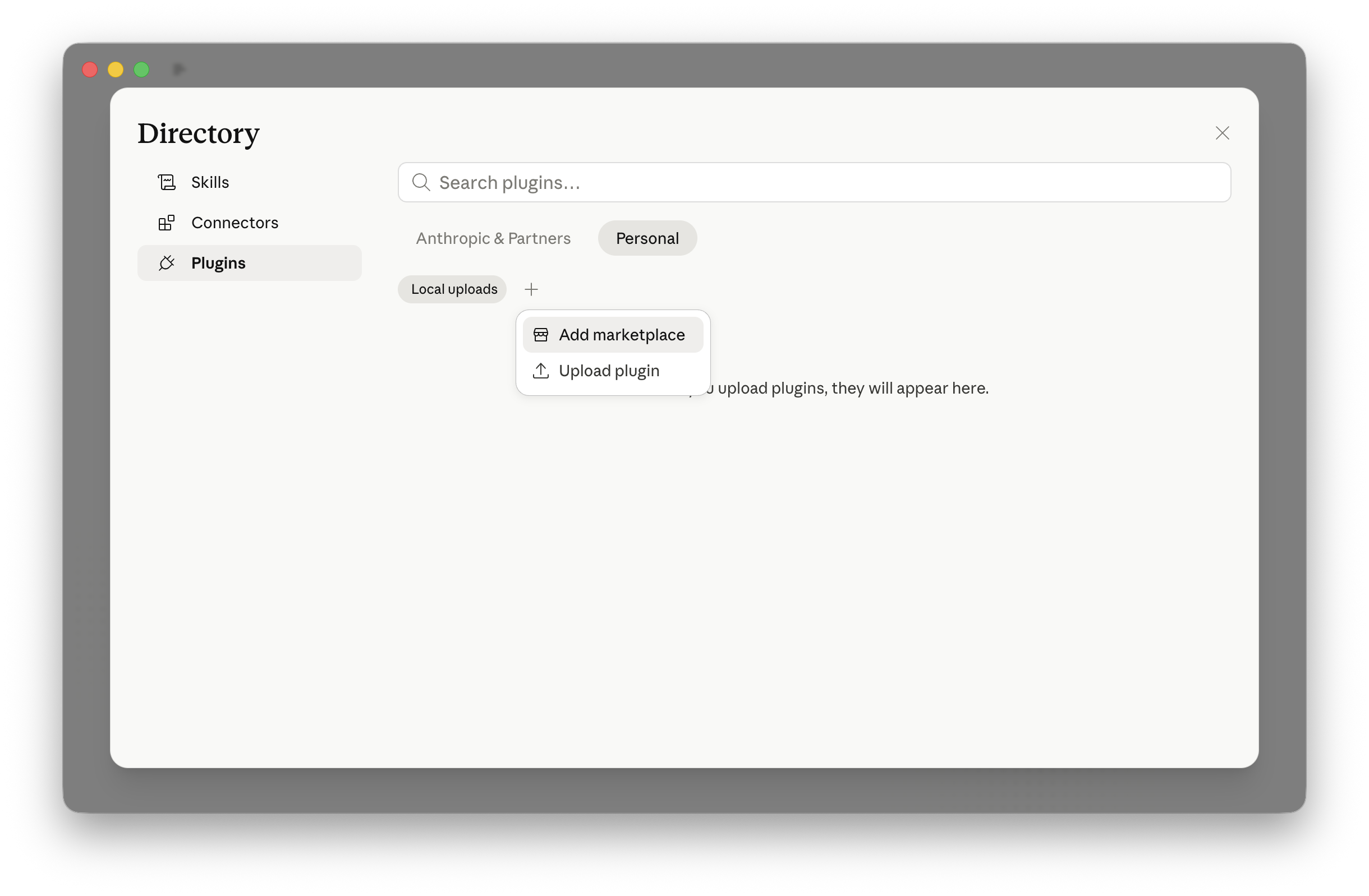 Plugin Directory with the Personal tab selected and the + menu showing Add marketplace