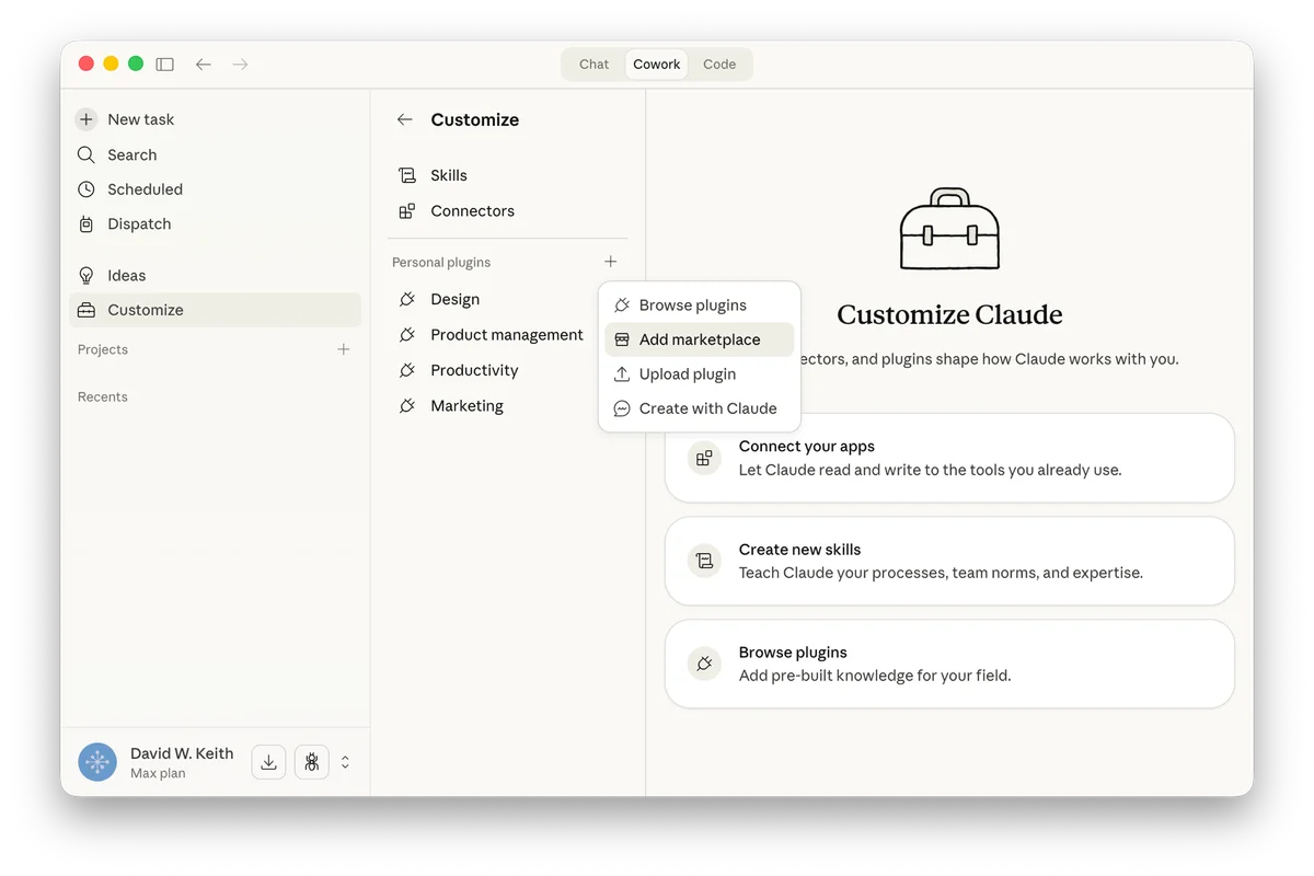 The + menu next to Personal plugins, with Add marketplace highlighted