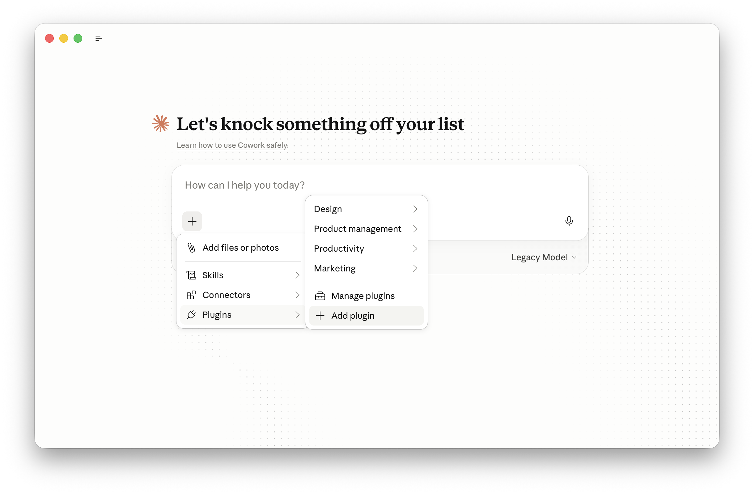 Claude Desktop's + menu open in the prompt box, showing Plugins expanded with Add plugin highlighted