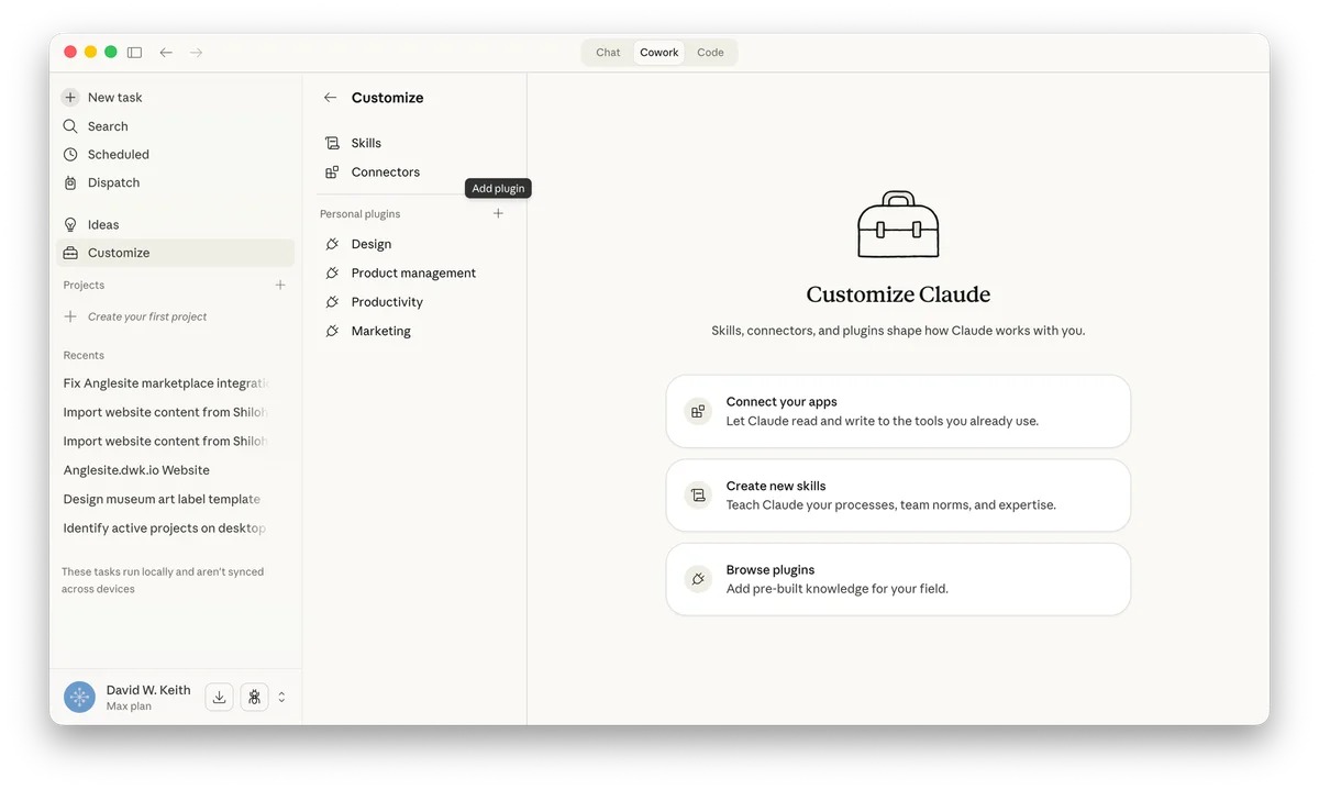 Claude Desktop sidebar showing the Customize option