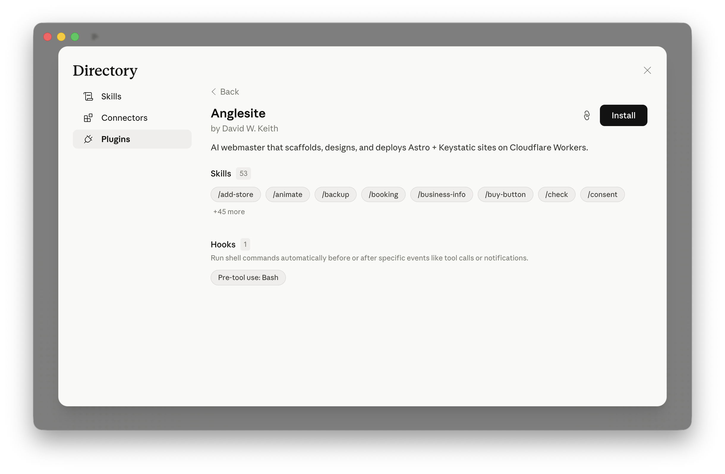 Anglesite plugin page in the Directory with the Install button