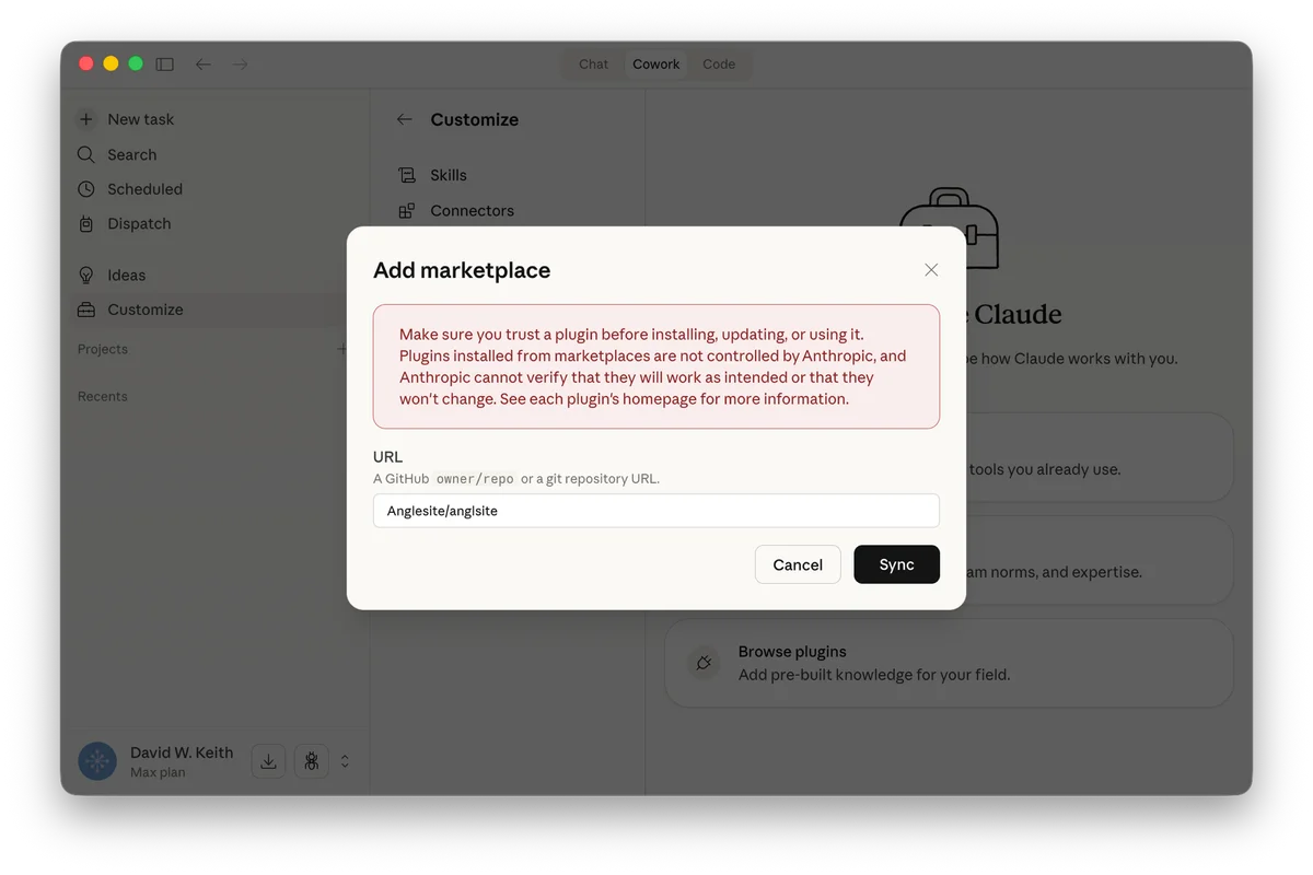 Add marketplace dialog with Anglesite/anglesite entered in the URL field